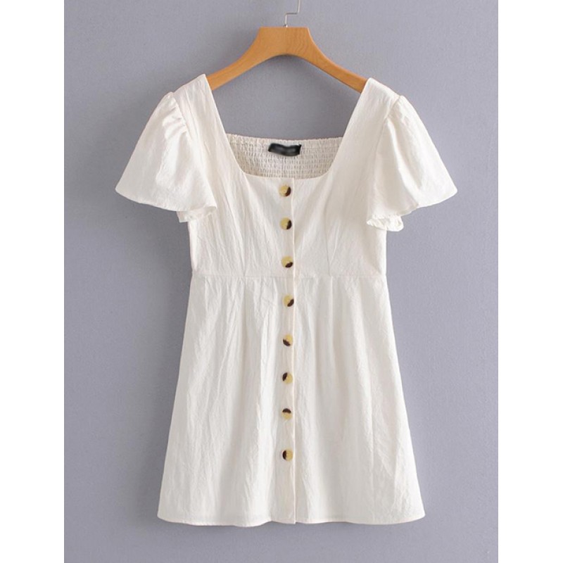 Fashion White Buttons Decorated Pure Color Dress