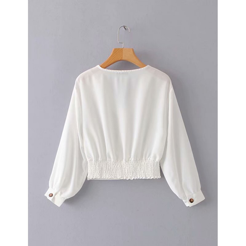 Fashion White V Neckline Design Pure Color Shirt
